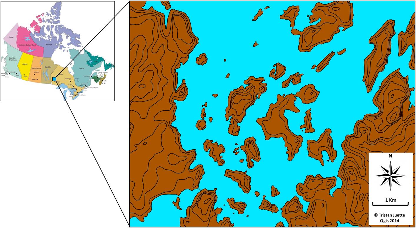 Figure 1. Carte du site d'étude. En haut à gauche : carte du Canada et localisation du site d'étude, Minaki, Nord-Ouest Ontario. Droite : carte détaillée du site d'échantillonnage.